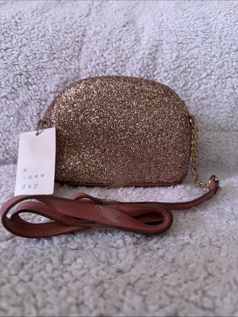 a new day Rose Gold Glitter Crossbody Purse with Blush Strap